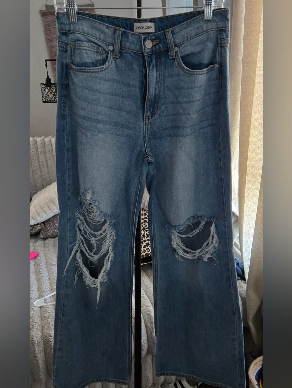 Sneak Peek Distressed Blue Wide-Leg Jeans
